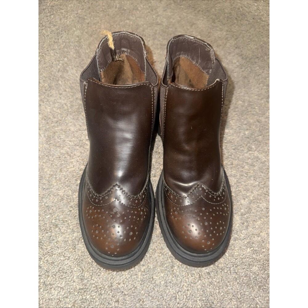 Y2K Chunky Chelsea Ankle Boots Brown Merlot Faux Leather Wing Toe Doc Like Sz 7